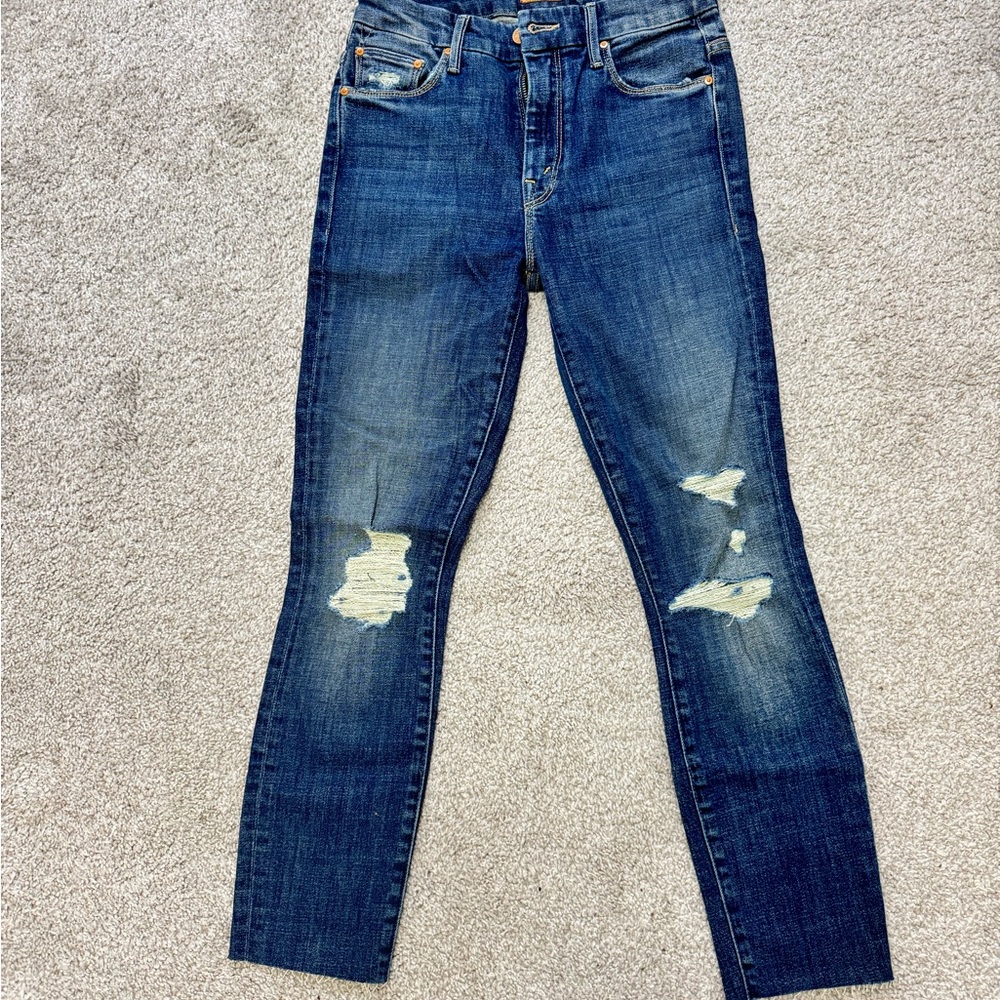 Mother Denim High Waisted Looker Ankle Fray Distressed Blue Denim Jeans size 25